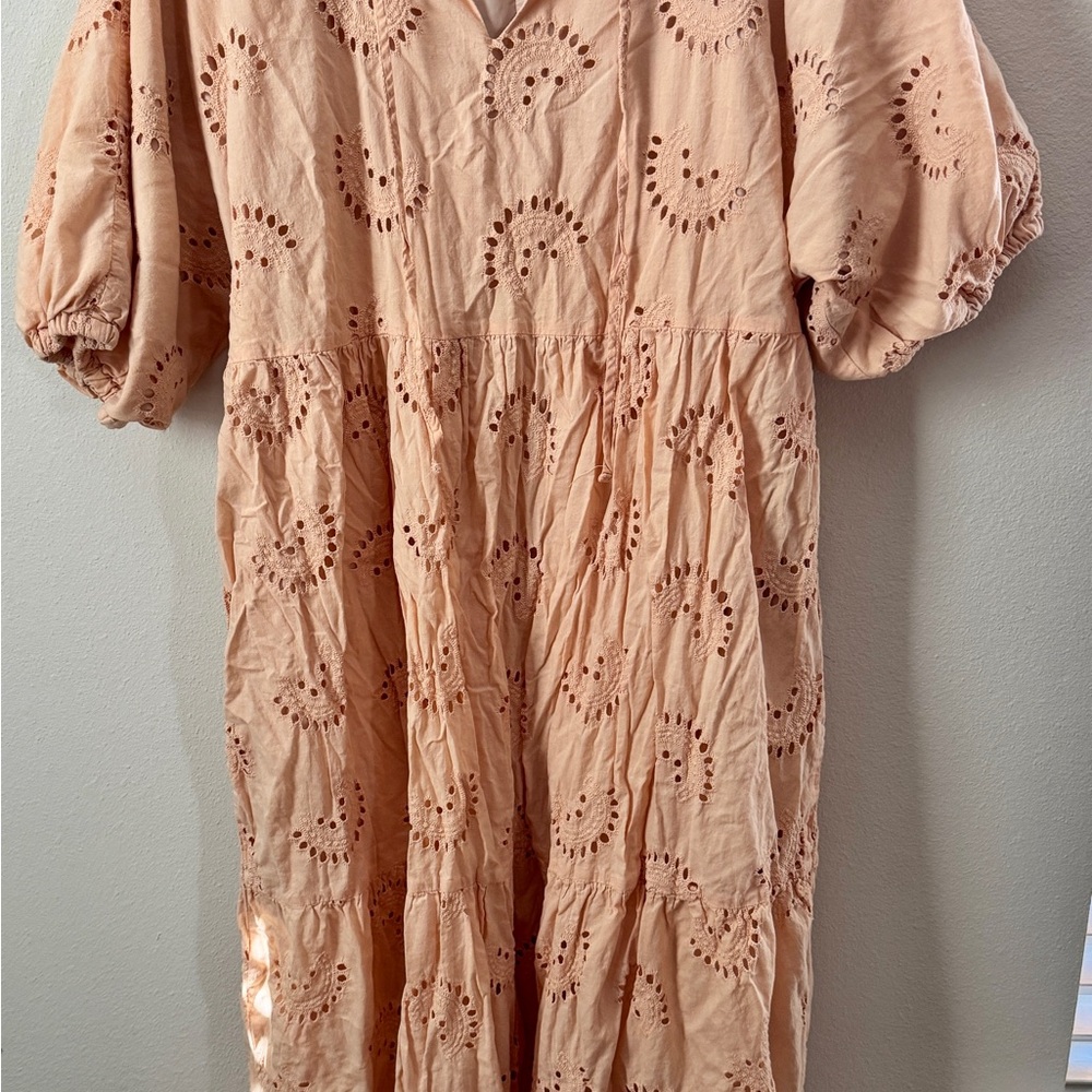 Peach Eyelet Midi Dress